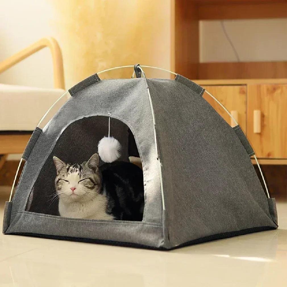 Cat tent bed with pom-pom toy